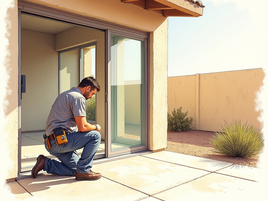 A technician performing sliding door repair Buckeye AZ on a patio door track at a home in the Verrado neighborhood near the White Tank Mountains