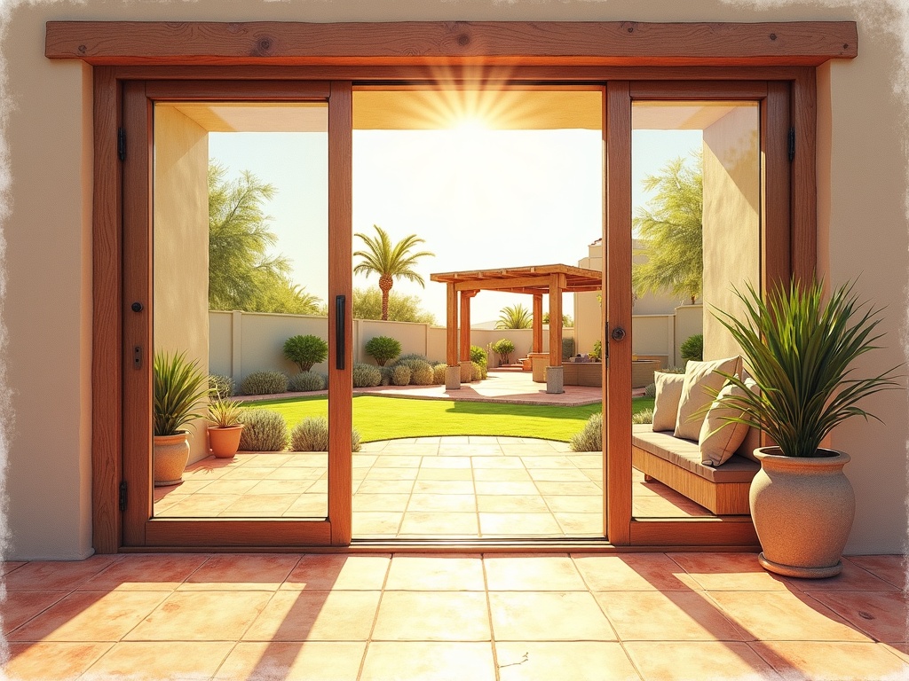 Completed sliding door repair Buckeye AZ at a Sun City Festival home showing a smooth-gliding patio door open to a bright desert backyard