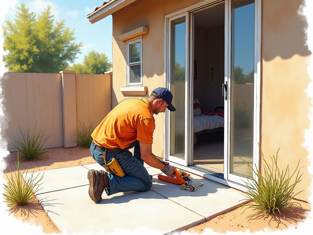 Cashion, AZ A sliding door repair technician inspecting a worn roller track on a backyard sliding glass door in a Cashion AZ home near Buckeye Road