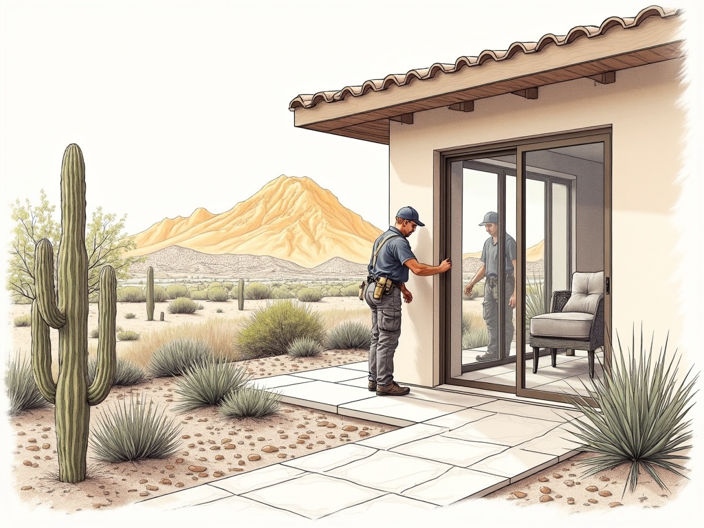 Chandler Heights, AZ A technician performing sliding door repair Chandler Heights AZ on a wide custom home patio door with San Tan Mountain views in the background