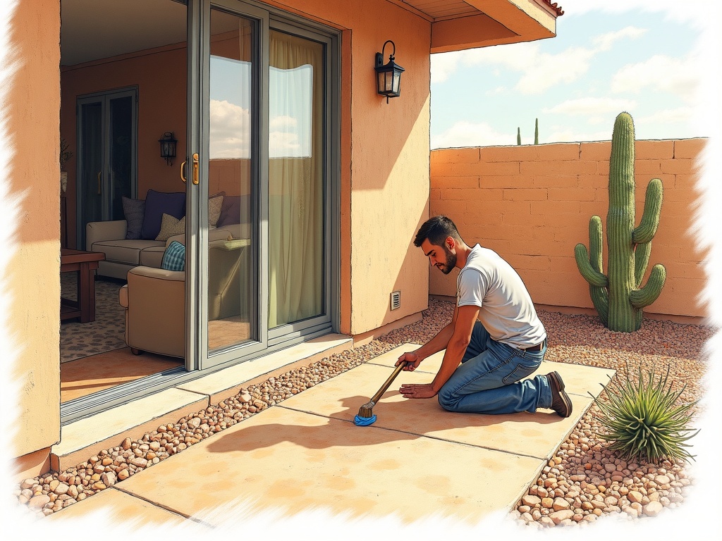 Chandler Heights, AZ Close-up of a sliding door repair Chandler Heights AZ service on a backyard patio door track surrounded by desert gravel landscaping