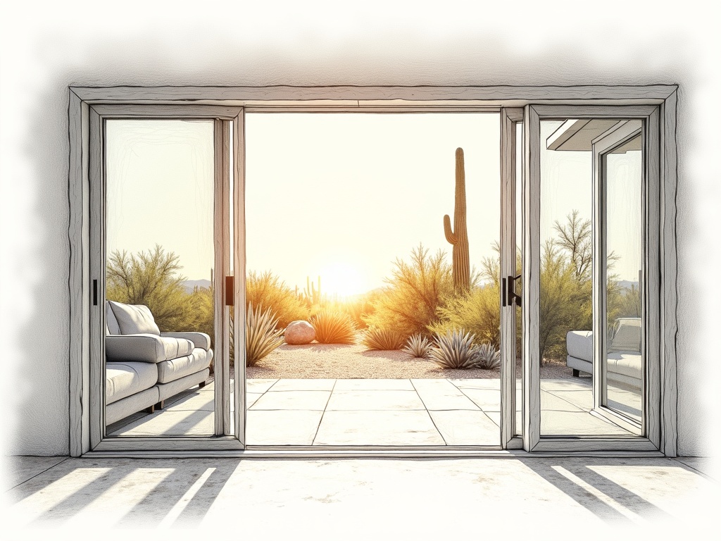 Chandler, AZ A large sliding glass door on a residential patio in Chandler Arizona's Fulton Ranch neighborhood ready for sliding door repair service