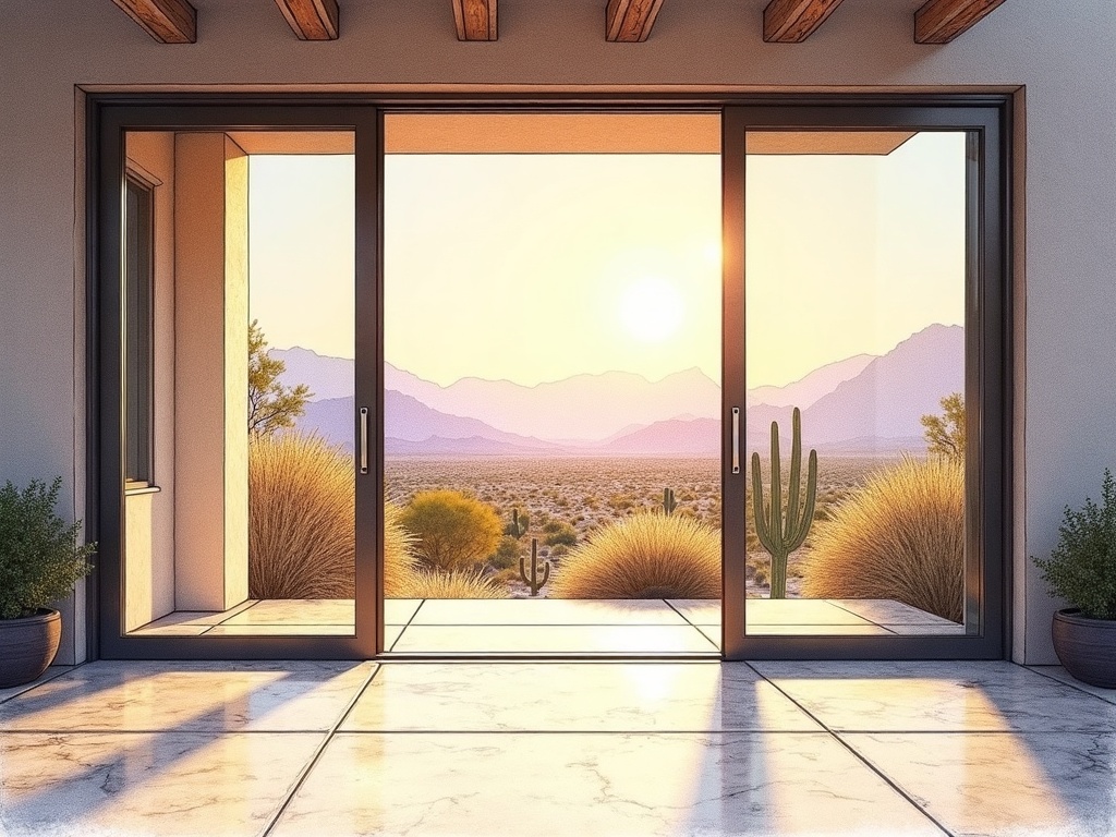 Fountain Hills, AZ A Fountain Hills home's sliding glass door open to a desert view patio — professional sliding door repair keeps this track smooth and secure year-round