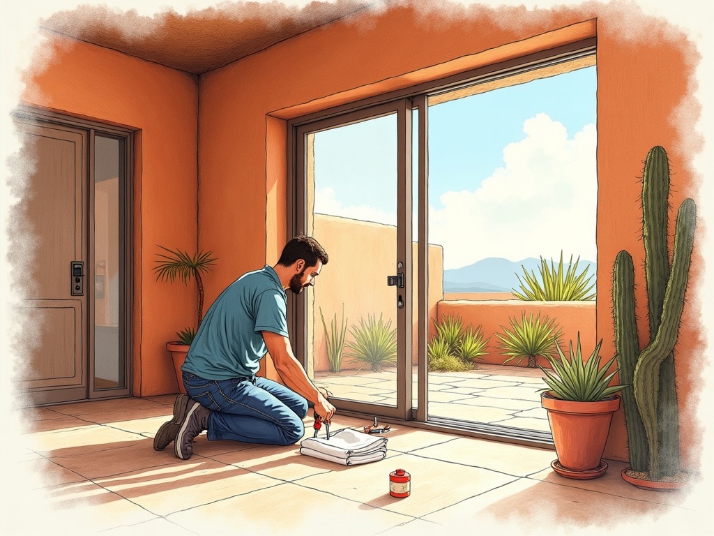 Fountain Hills, AZ A sliding door repair technician adjusting the roller assembly on a Fountain Hills custom home patio door near Eagle Mountain