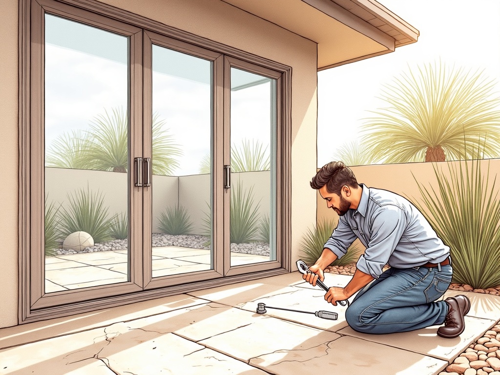 Gilbert, AZ A sliding door repair Gilbert AZ technician adjusting the bottom roller on a sliding glass patio door in a Morrison Ranch Gilbert home backyard