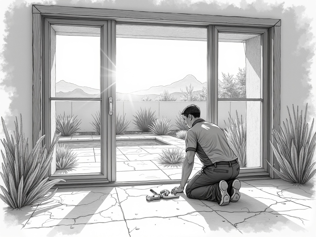 Glendale, AZ A technician performing sliding door repair Glendale AZ at a lakeside-area home in the Arrowhead Lakes neighborhood with a pool deck visible in the background