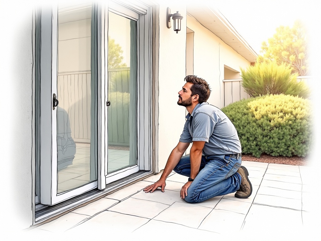 Higley, AZ A technician performing sliding door repair on a patio slider in the Cooley Station neighborhood of Higley, AZ, carefully inspecting the bottom roller track and floor channel