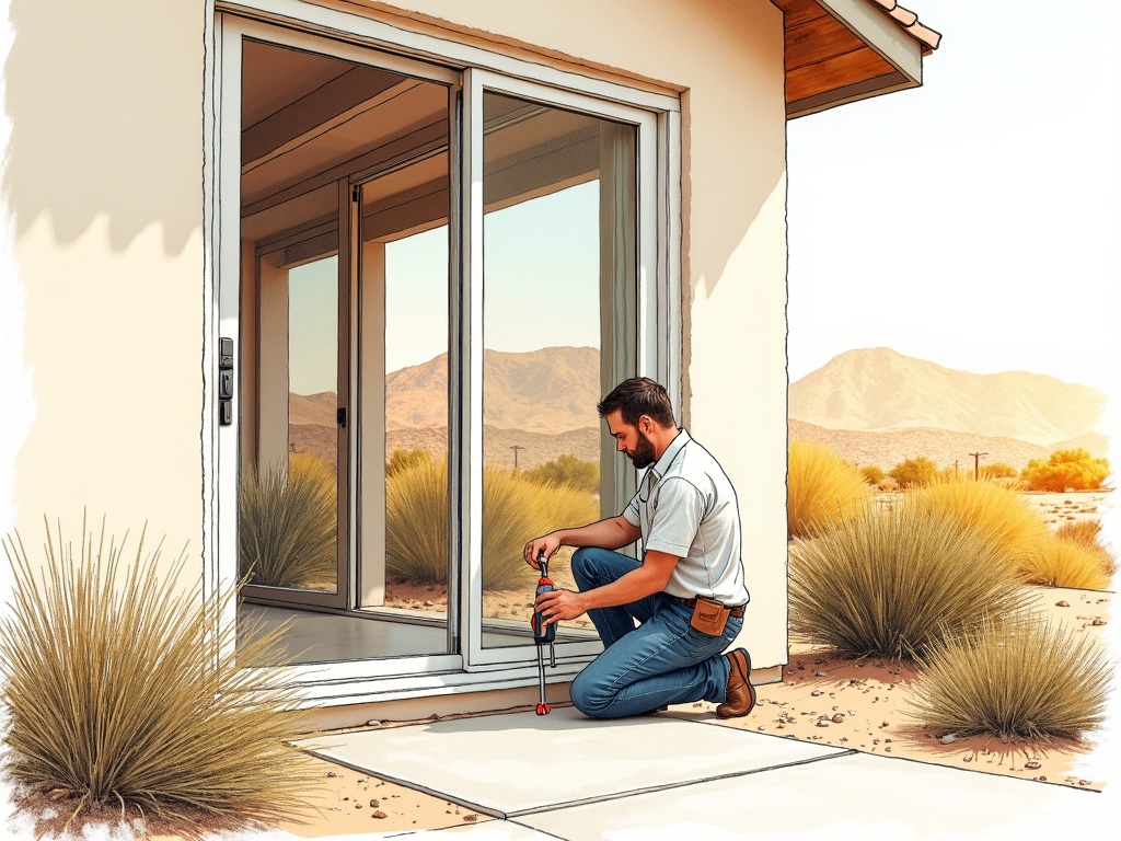 Laveen, AZ A specialist performing sliding door repair Laveen AZ on a newer stucco home in the Rogers Ranch neighborhood with South Mountain in the background