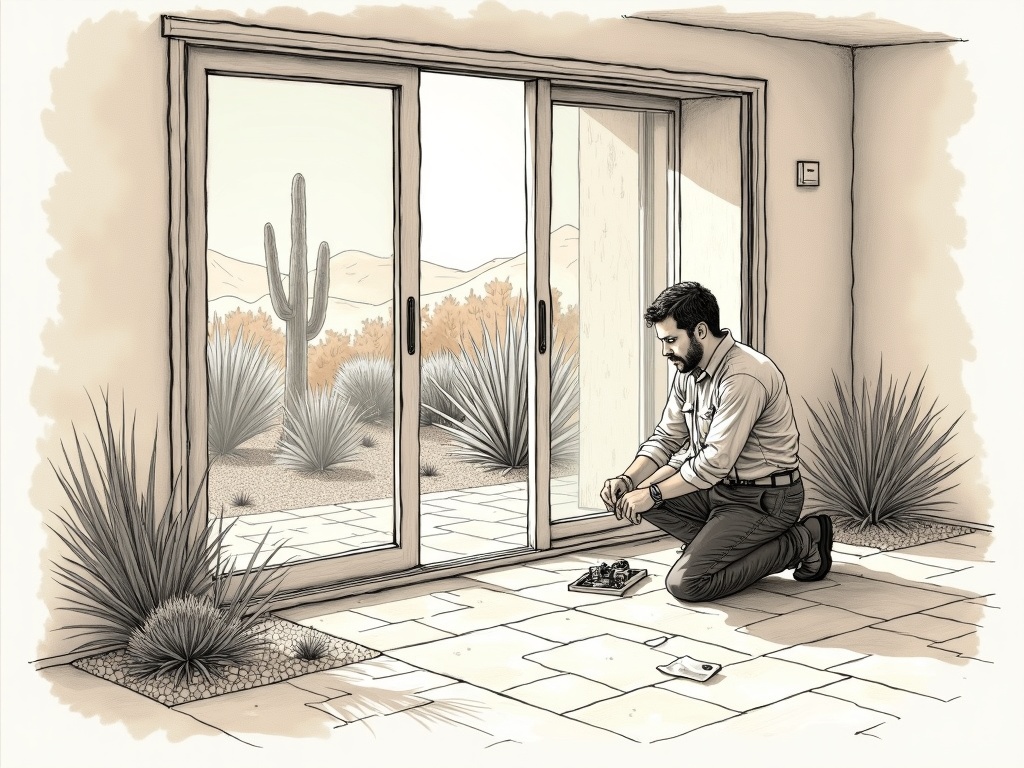 A sliding door repair Luke Air Force Base AZ technician inspecting the roller track of a patio slider at a residential home near Litchfield Road
