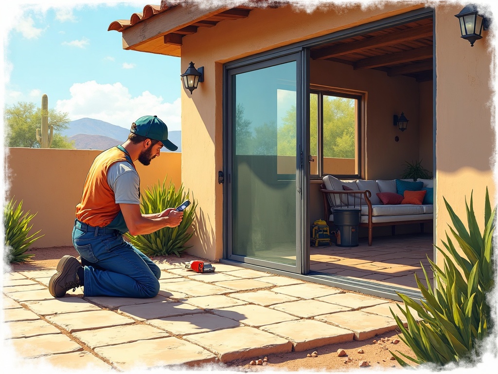 Mesa, AZ A specialist performing sliding door repair Mesa AZ in the Las Sendas neighborhood, inspecting a corroded aluminum track on a sunny backyard patio