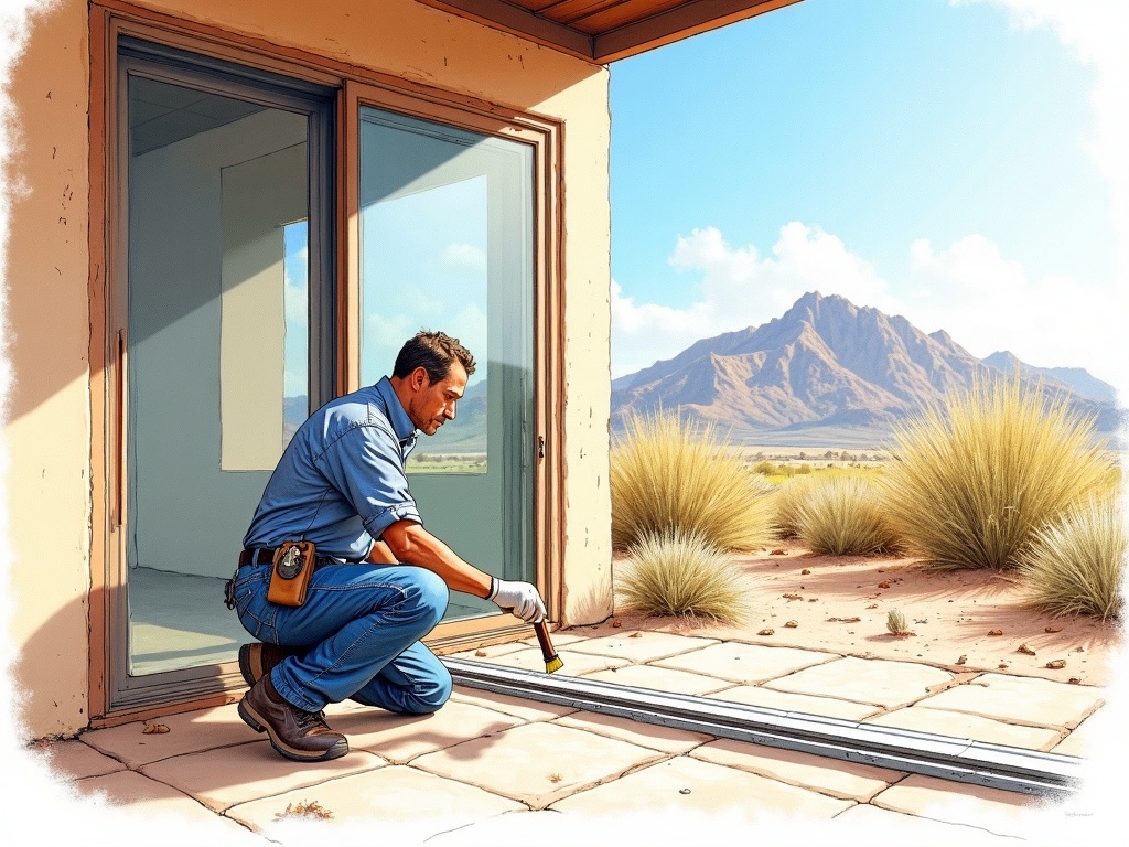New River, AZ A technician performing sliding door repair New River AZ on a custom Desert Hills home with Gavilan Peak views in the background