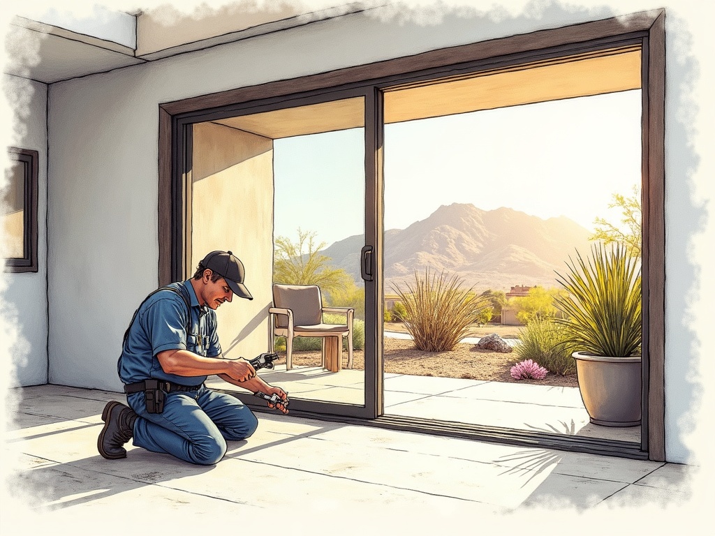 A sliding door repair specialist replacing worn rollers on a patio sliding door at a Queen Creek home near Bridle Ranch, restoring smooth operation after monsoon season damage
