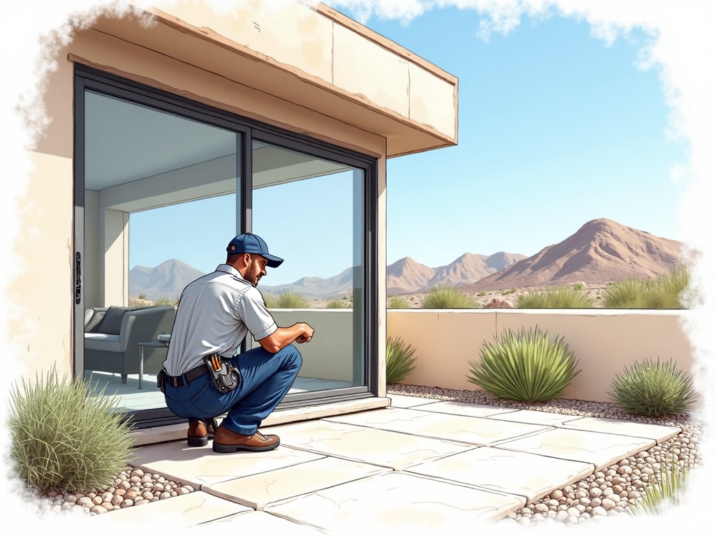 Scottsdale, AZ A uniformed technician performing sliding door repair Scottsdale AZ on a wide-panel glass patio door at a North Scottsdale home with McDowell Mountain views in the background