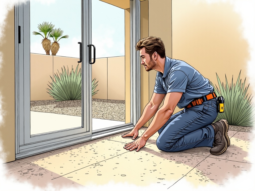 Sun City West, AZ A technician performing sliding door repair Sun City West AZ on a patio sliding glass door with desert landscaping in the background