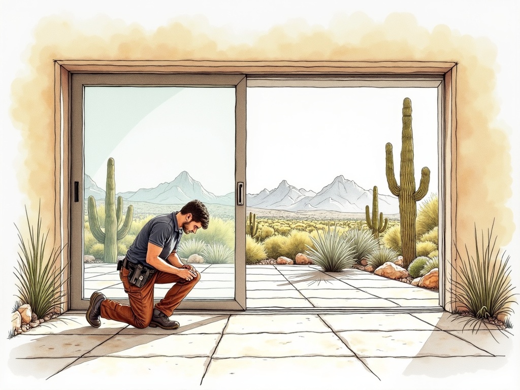Surprise, AZ A professional performing sliding door repair Surprise AZ on a stucco home patio with White Tank Mountain views in the background