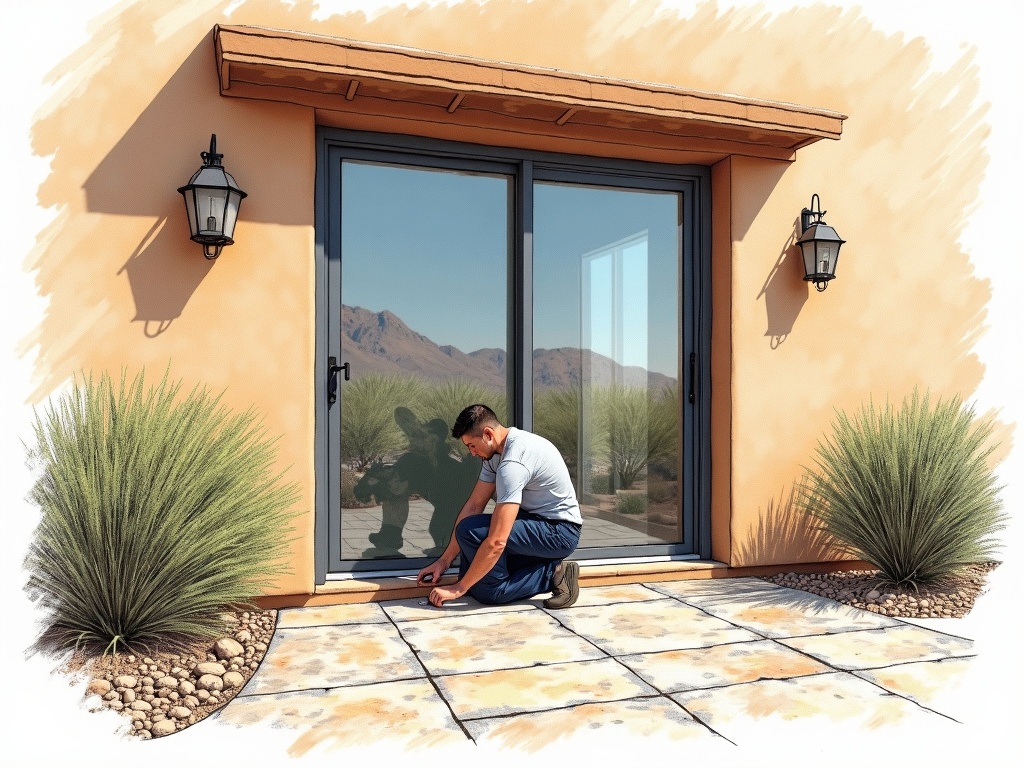 A technician performing sliding door handle repair on a patio door of a single-family home in Tempe Arizona's South Tempe neighborhood