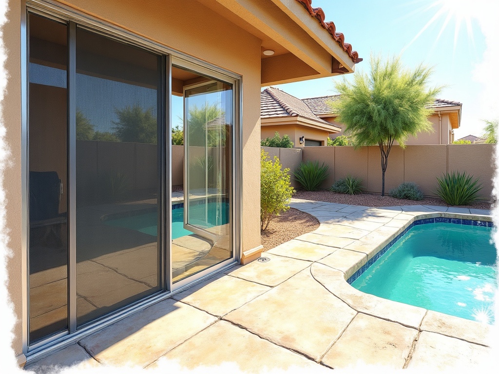 A clean sliding glass door track inspection on a home in Tempe Arizona near The Lakes neighborhood showing durable screen door material installed