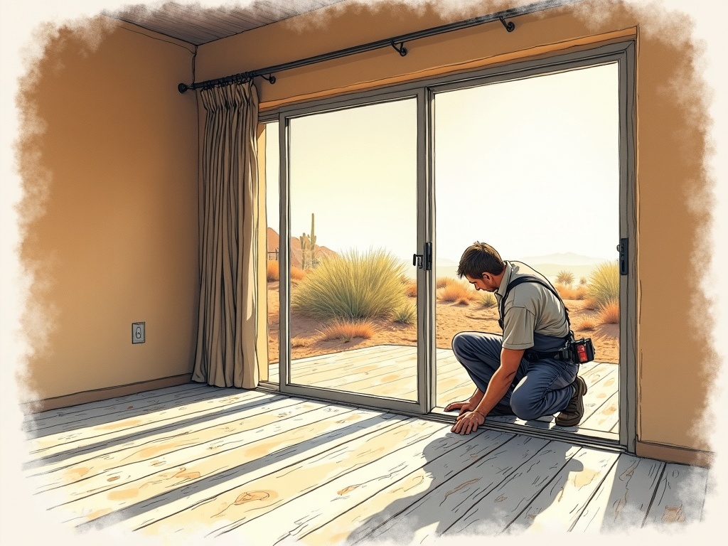 A sliding door repair technician replacing worn rollers on the patio door of a stucco single-family home in Tolleson, AZ, performing a professional sliding door repair Tolleson AZ