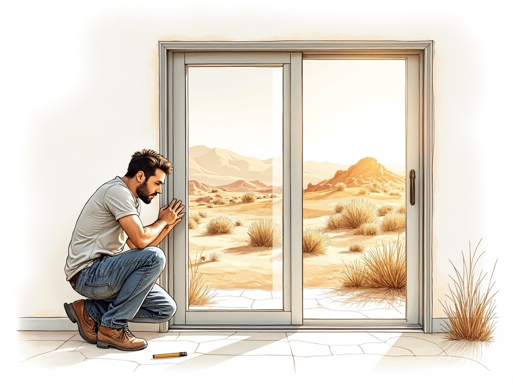 A sliding glass patio door with a clean aluminum frame and desert mountain backdrop receiving a professional roller and track inspection — the kind of sliding door repair needed in Arizona's Apache Trail corridor