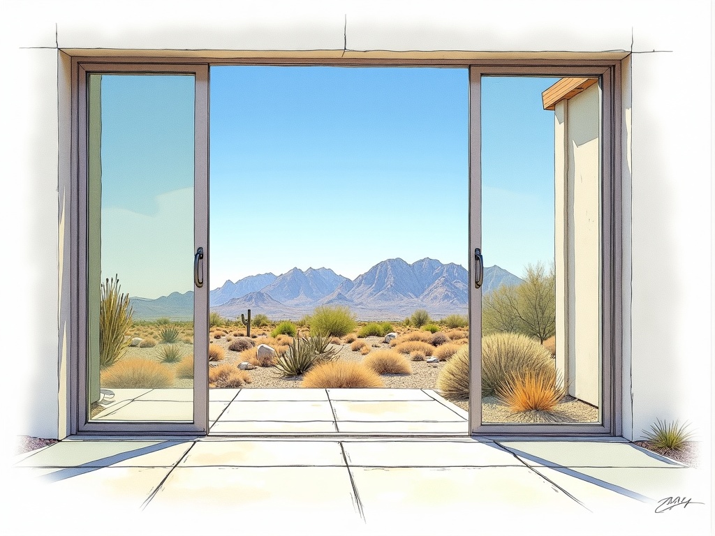 A sliding door repair technician servicing a smooth-gliding patio sliding door in a Waddell AZ home near Festival Ranch with White Tank Mountains in the background