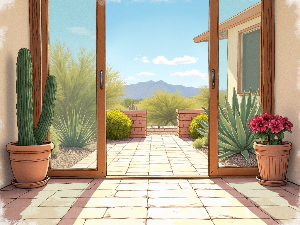 Freshly repaired sliding door with flush weatherproof threshold in a Waddell AZ home near Waddell Road showing smooth operation after professional sliding door repair service