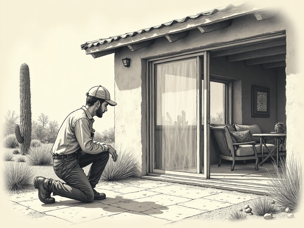 Youngtown, AZ A technician performing sliding door repair Youngtown AZ on the worn bottom track roller of a ranch-style home covered patio door